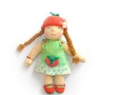 Waldorf doll Samanta in the bright green dress with red strawberry, cloth doll eco friendly gifts for kids