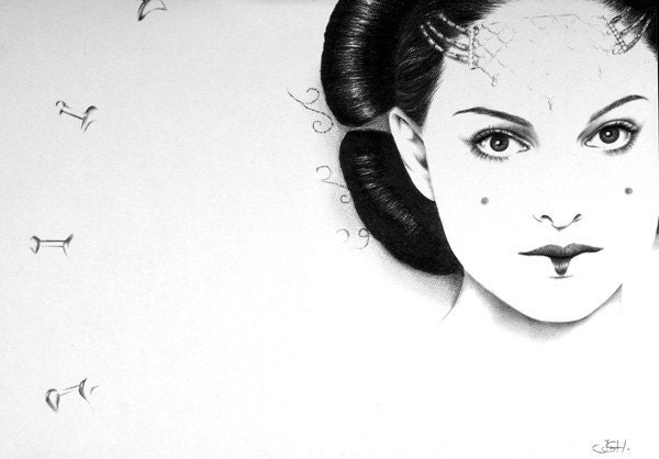 Natalie Portman Amidala  Star Wars Original Pencil Drawing Fine Art Portrait Graphite