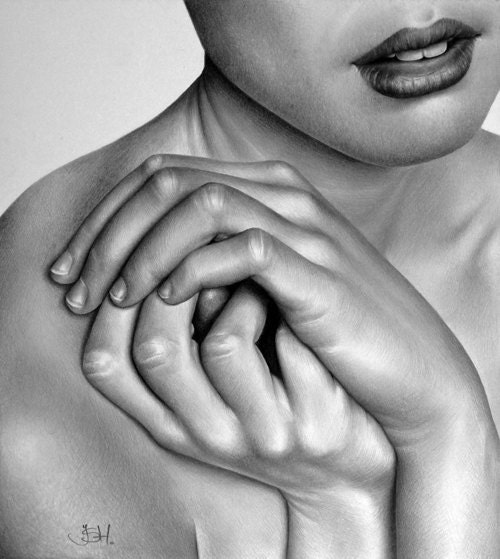 Original Female Portrait Pencil Drawing Fine Art Hands