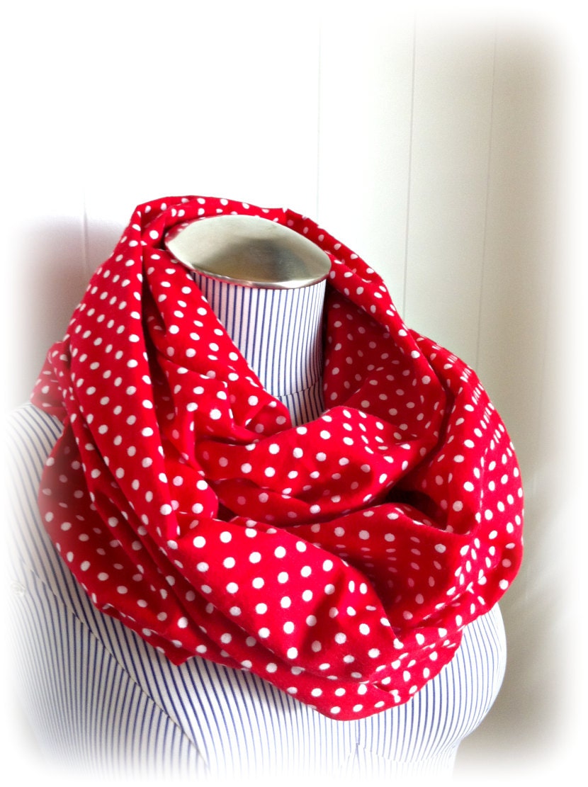 Red Polka Dot Scarf, Infinity Scarf of Red with White Polka Dots Flannel Circle Loop Scarf