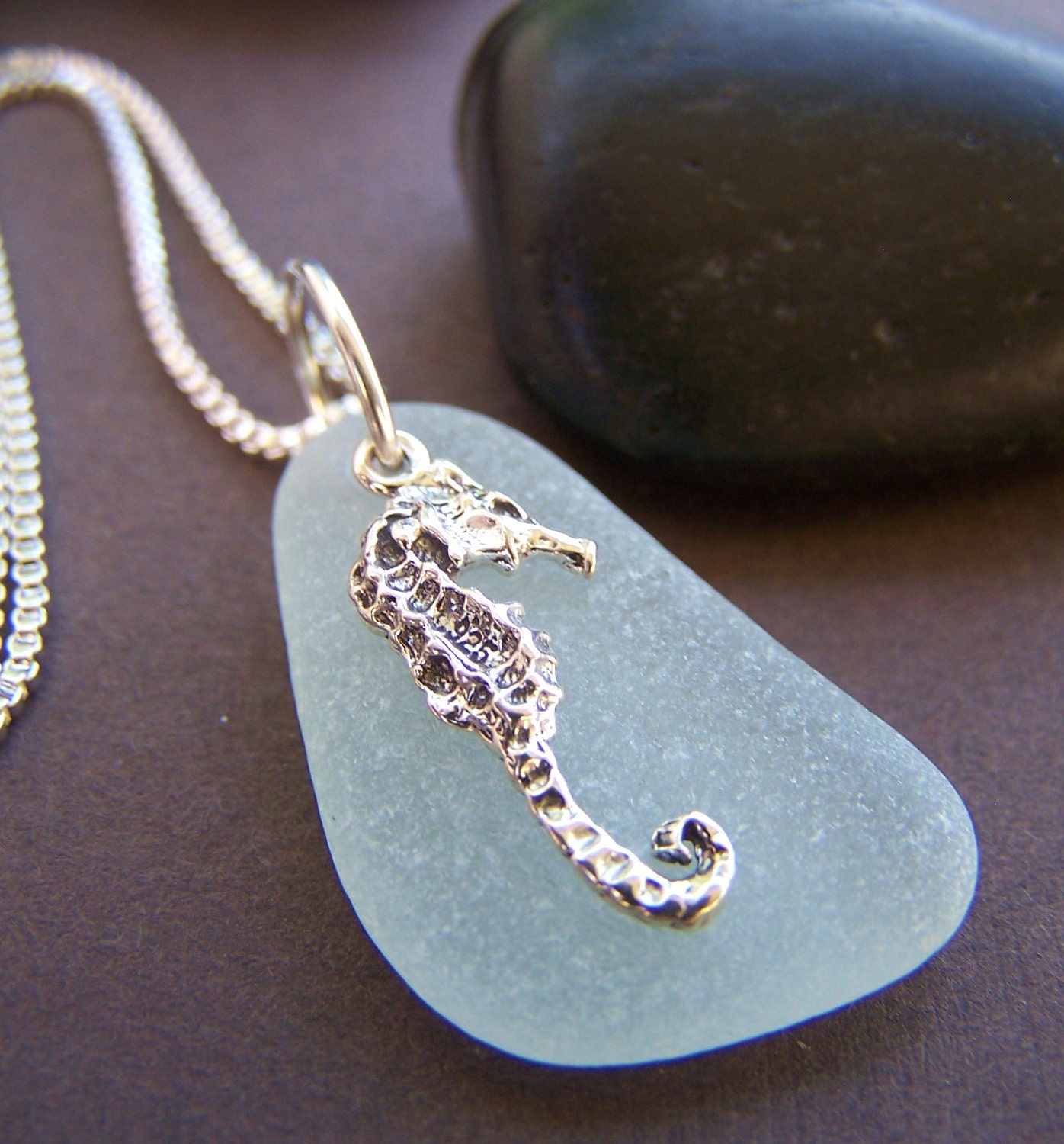 Ocean Life Sea Glass Pendant Sterling Silver Sea Horse Necklace