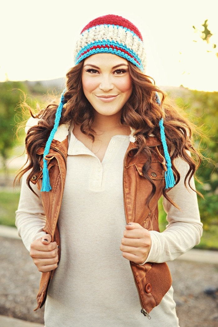 Womens earflap hat, beanie, winter, adult, teen, blue, cream, maroon, snowboarding hat, ski hat, spring