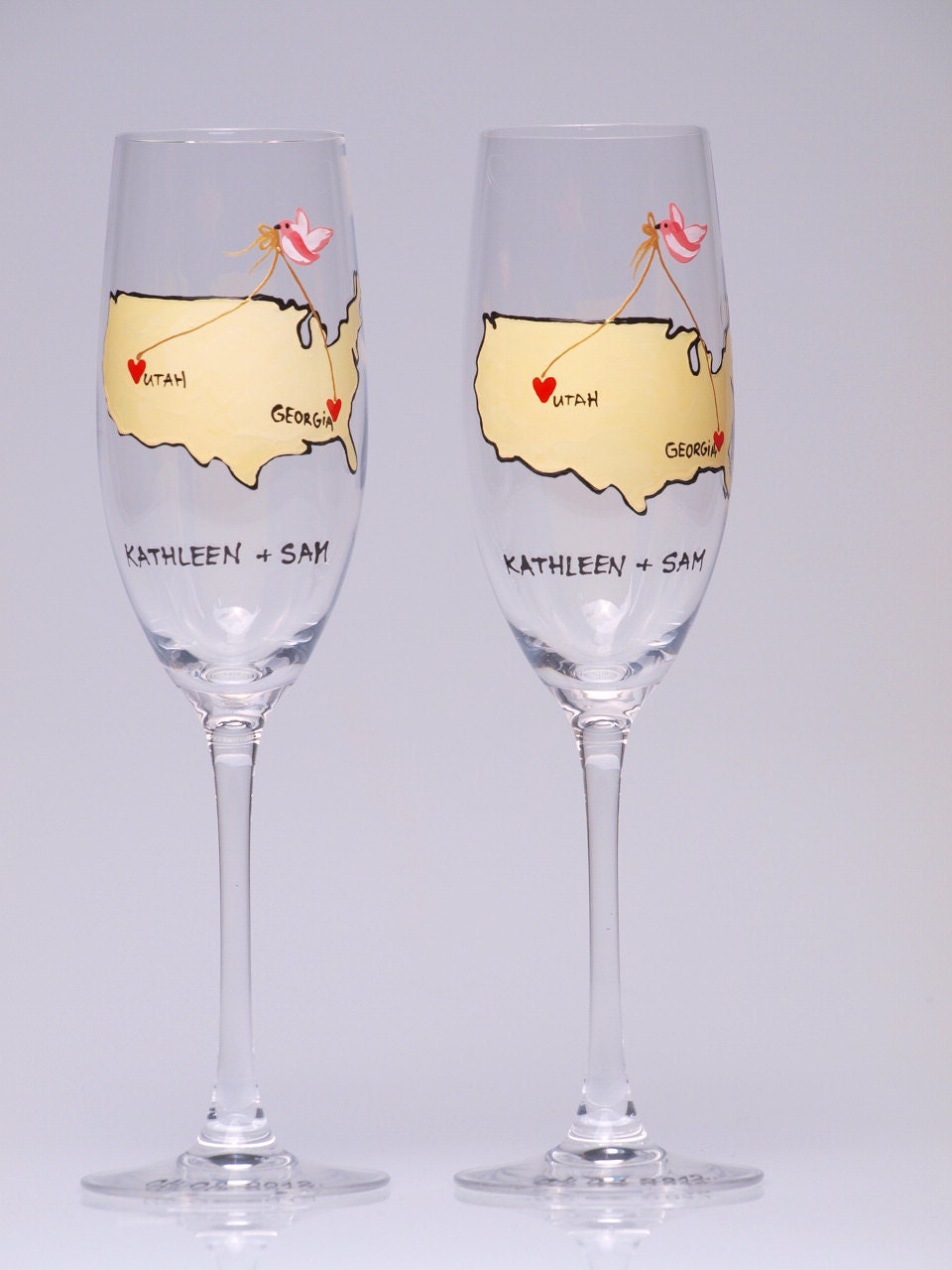 Hand painted Wedding Toasting Flutes Set of 2 Personalized Champagne glasses Love from different places