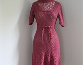 Vintage 1930s / 1940s Rose Boucle Crocheted Dress & Belt