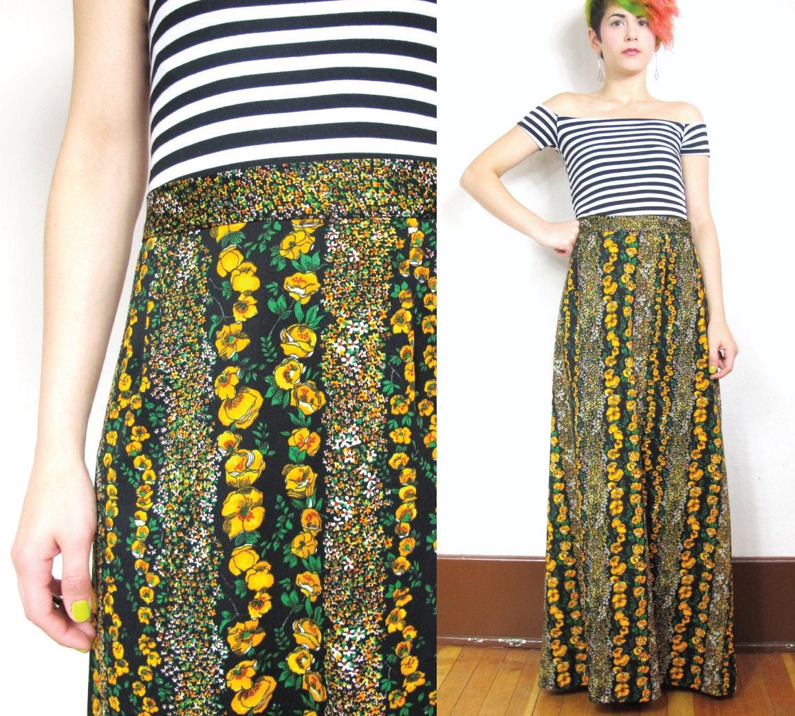70s Hippie Yellow Poppy Maxi Skirt (M)