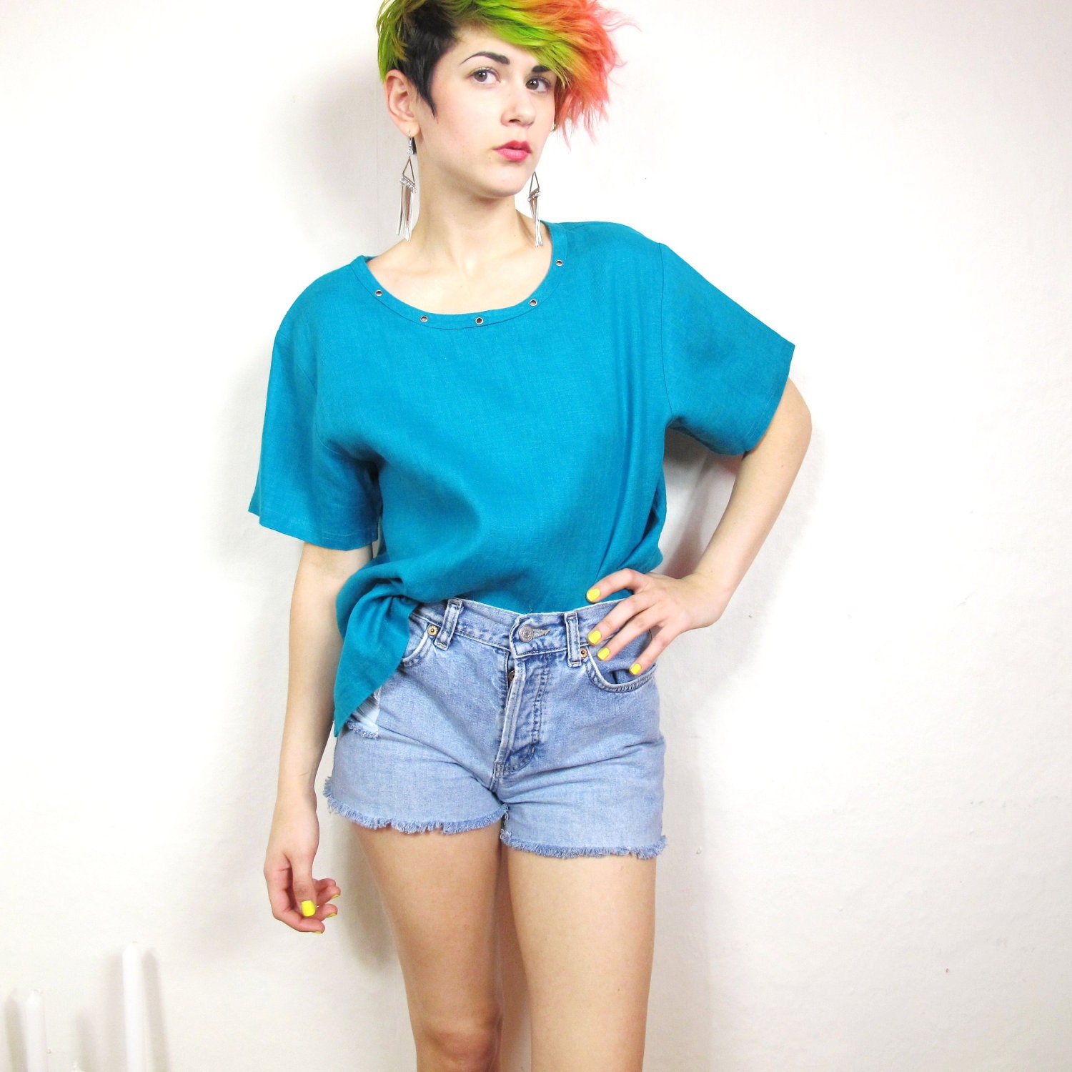 S A L E 80s Teal Linen Eyelet Tshirt  (S/M)