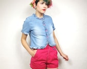 90s Kawaii Gemstone Ruffle Cropped Jean Top (XS/S)