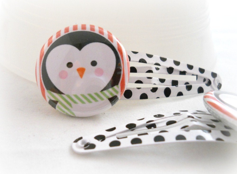 Tween Hair Accessories Penguin Black and White Polka Dots Barrette Hair Clips SET OF TWO