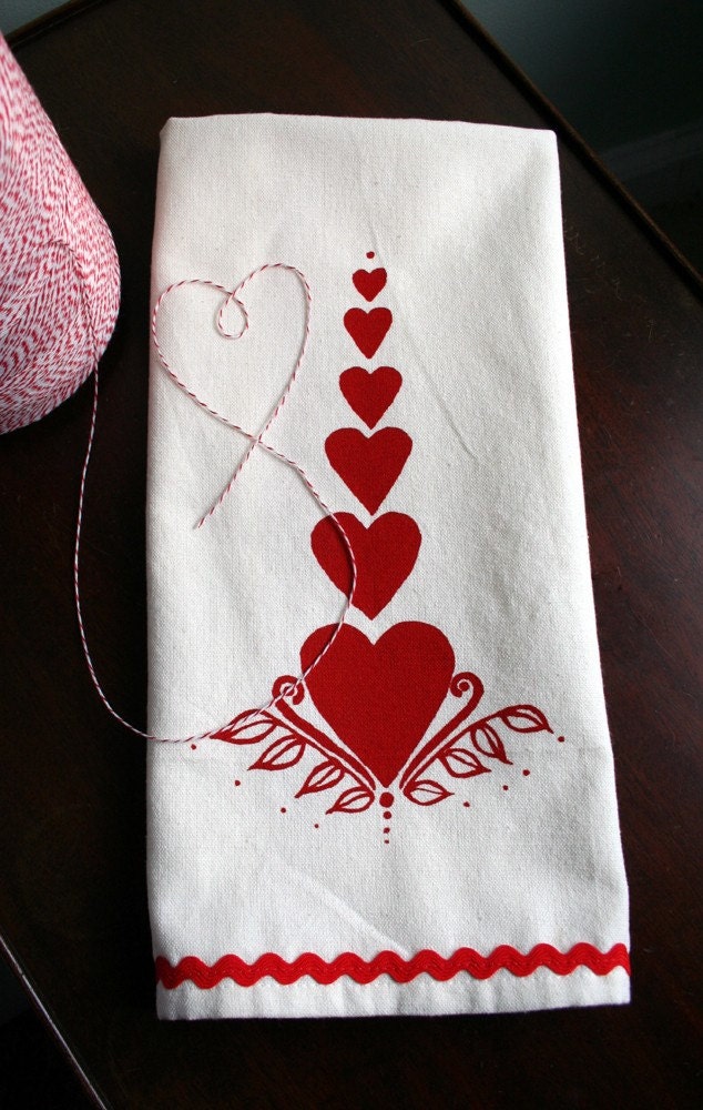 Tea Towel. Folk Hearts. Valentine's Day. Wedding Gift.  Hand Screen Printed.