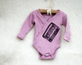 pink mixtape onesie, rose pink, hand printed, long sleeve 0-3 months, gloved sleeves