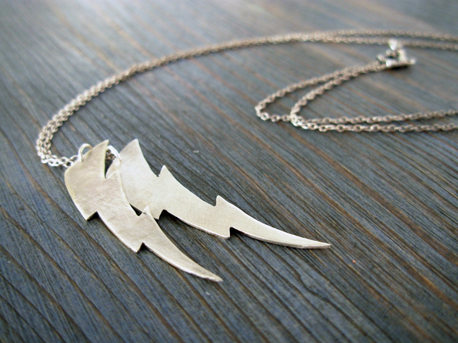 Flash Gordon. Double Lightning Bolt Pendant. Sterling Silver Hand Cut on Long Chain. Unisex Man or Woman.