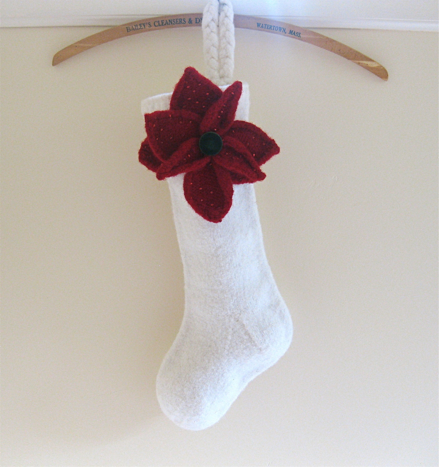 Winter White Christmas Stocking Felted with Red Poinsettia or Holly or Bow
