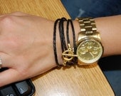 Black Leather Braided Wrap Cord Bracelet with Gold Clasp, Leather Bracelet, Leather Wrap Bracelet, Friendship Bracelet