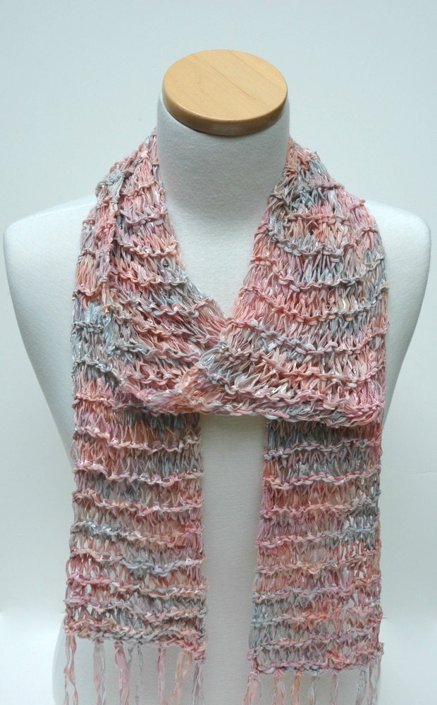 Cotton Scarf- Hand Knit/  Rose/mauve/blue
