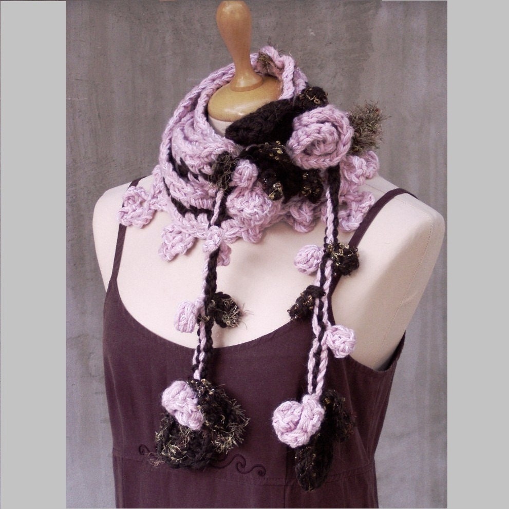 Freeform Candy Hand crocheted Scarf with tufted garnishee Made To Order