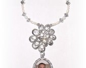Wedding Bouquet Memorial Photo Oval Antiqued Metal Charm Crystal Gems Pearls Swirl Silver Diamond Tibetan Beads - FREE SHIPPING
