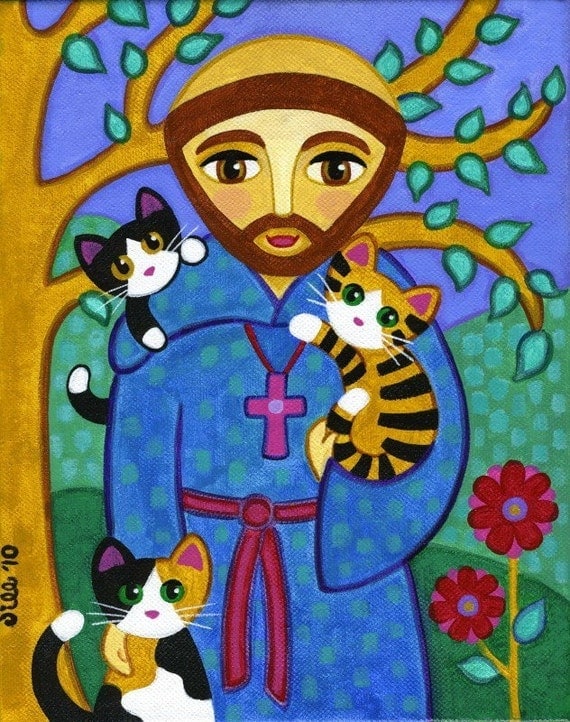 Saint FRANCIS of Assisi with CATS Art PRINT from Original Painting - by Jill
