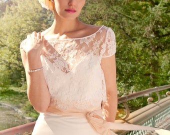 French Lace and Duchess Satin Mermaid Wedding Gown, "Ann-Marie", Cap Sleeve, Sweetheart strapless bustier, train, Mix and Match Customizable