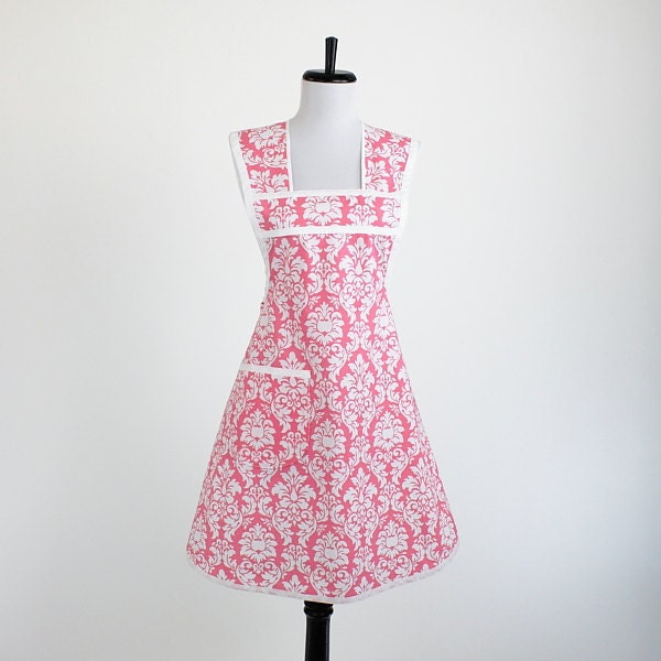 Pink Valentine Damask Retro Cooking Apron Vintage Inspired  Michael Miller Fabric