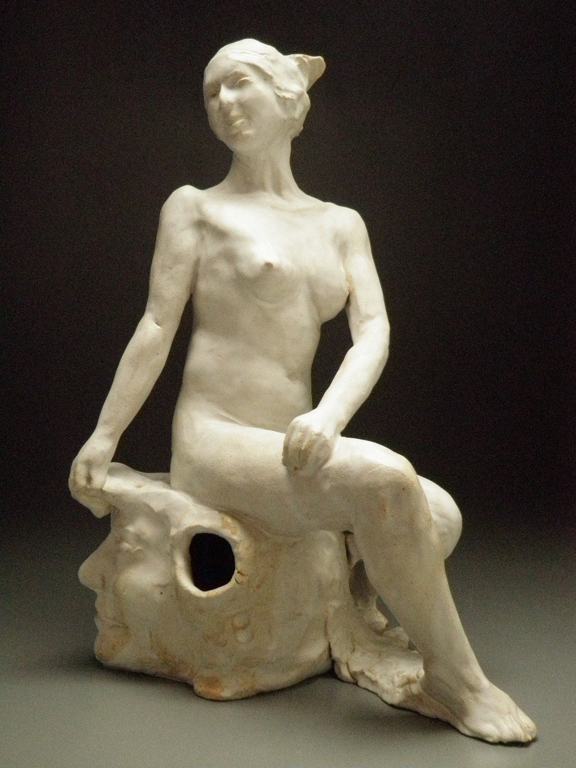 Ceramic Figure Sculpture, Seated Nude Twist Bare Awareness Glazed White Original Figurine Art