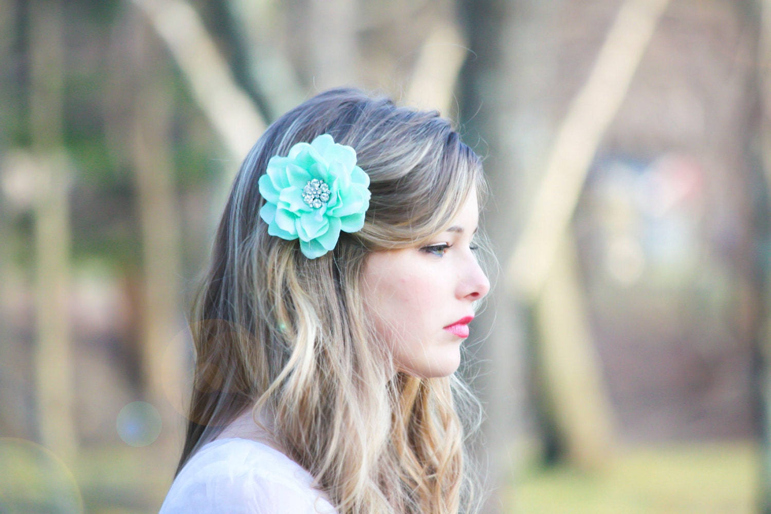 seafoam flower hair clip, mint green hair clip, something blue wedding, bridesmaid hair clip