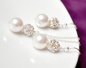 Bridal Jewelry Set. Pearl Rhinestone Earrings Pendant Necklace SET. Wedding Jewellery, Sterling Silver,  for the Bride or Bridesmaids Gifts