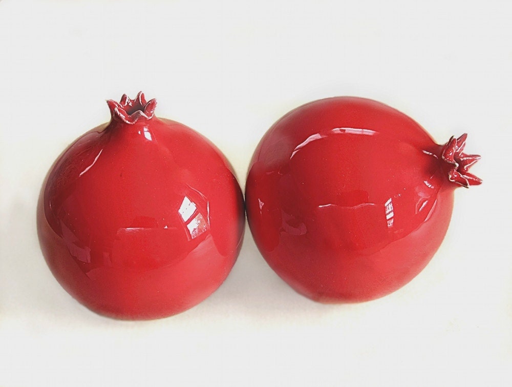 TWO Red Ceramic Pomegranate Fruit Vases, the ORIGINAL / Handmade Pottery / Modern Summer Housewares Home Decor
