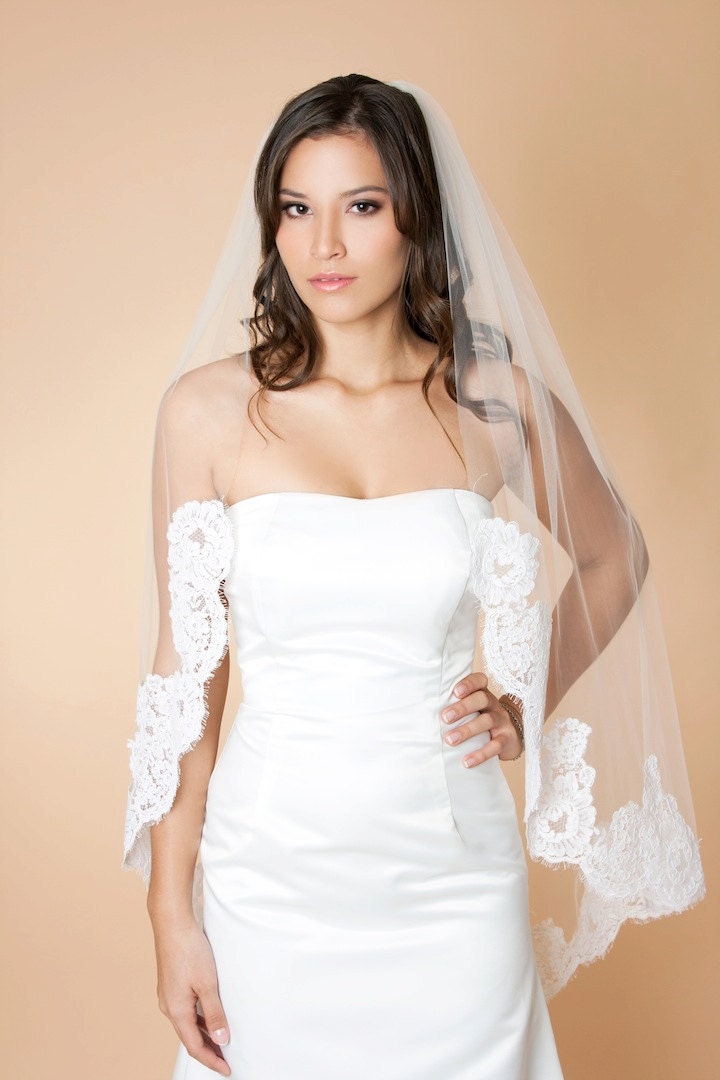 Elena -  Fingertip Length Single Tier Veil Edged With Alencon Lace, 204