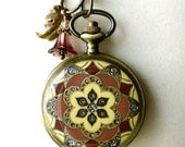 Old Rose & Burgundy Floral Mandala Pocket Watch Locket Pendant  with Earrings