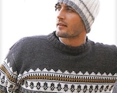 Handmade Knit Men Beanie in Off White and Brown Color. Valentine's Gift for Him. Unisex hat made of Wool. Skiing snowboarding beanie.