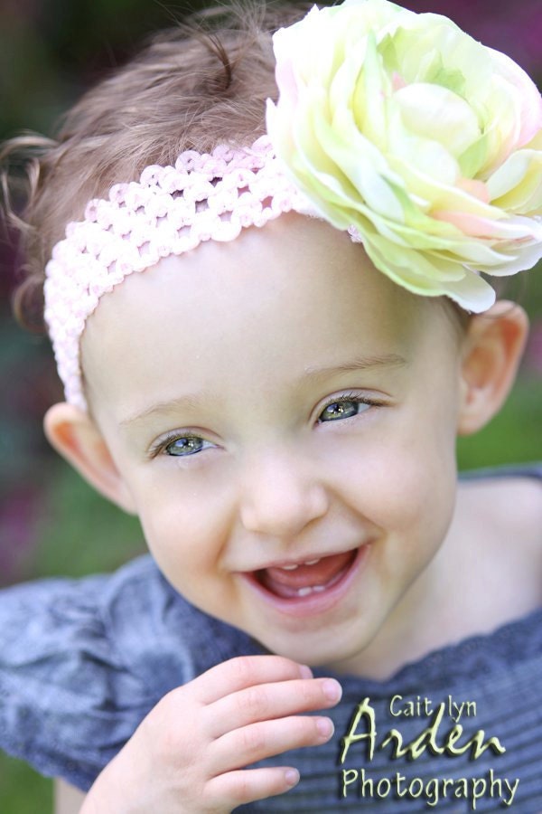 Baby Girl Headband-Baby Girl Green With Envy- Large Peony on a Light Pink Crochet Style Headband
