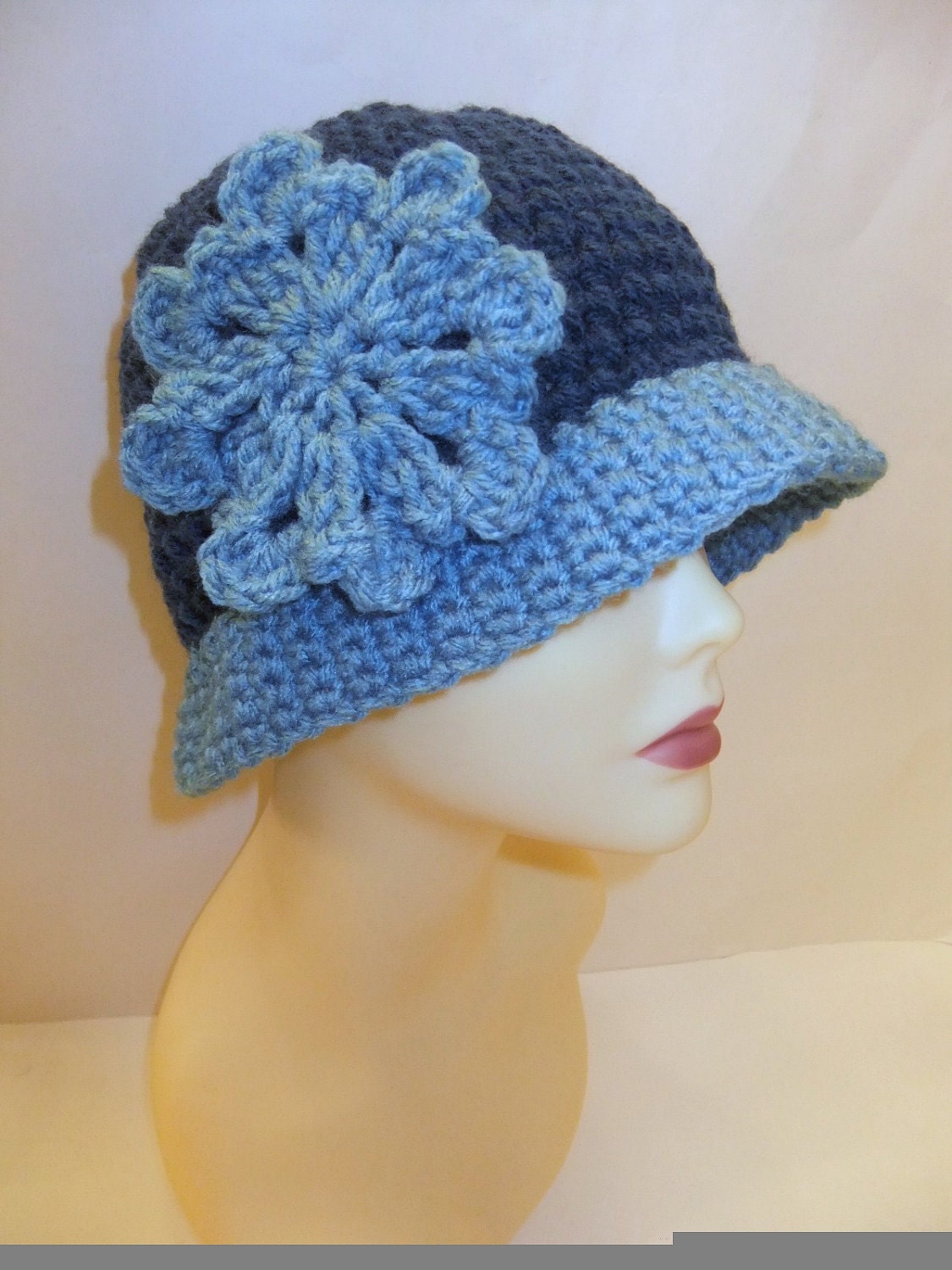 Women, Beanie, Cloche, Crochet, Dark Blue, Light Blue, Two Toned, Hat, Flower, Brooch, Pin, Beach, Fashionable, Accessories, Gifts