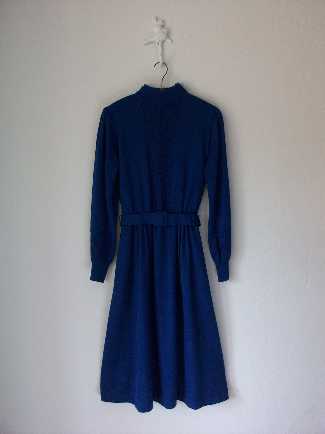 70s Sweater Dress ... Vintage 1970s Belted Wool Dress ... Open Knit Mesh Bib ... Medium / Large