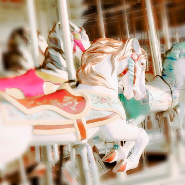 Kids room wall decor, carousel horse, hot pink and orange, white horses, gold, nursery art  8x8