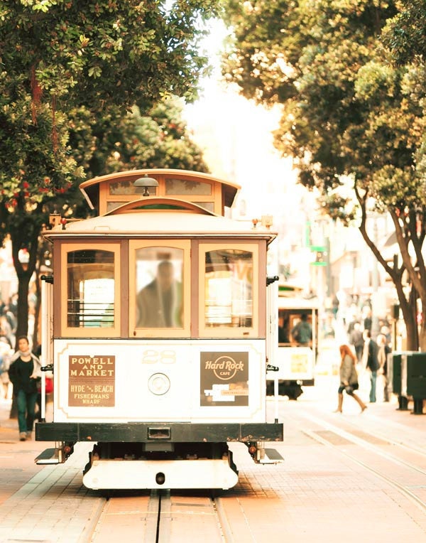 Cable car, San Francisco photography, sf art, beige, tan, gold, green, travel, 8x10 print