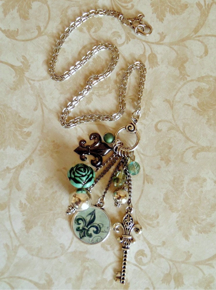 Green and Silver Fleur de Lis, French 24 inch Cluster Charm Necklace