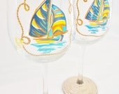 Hand Painted Sail Boat With Rope Accent On The Foot Wine Glass