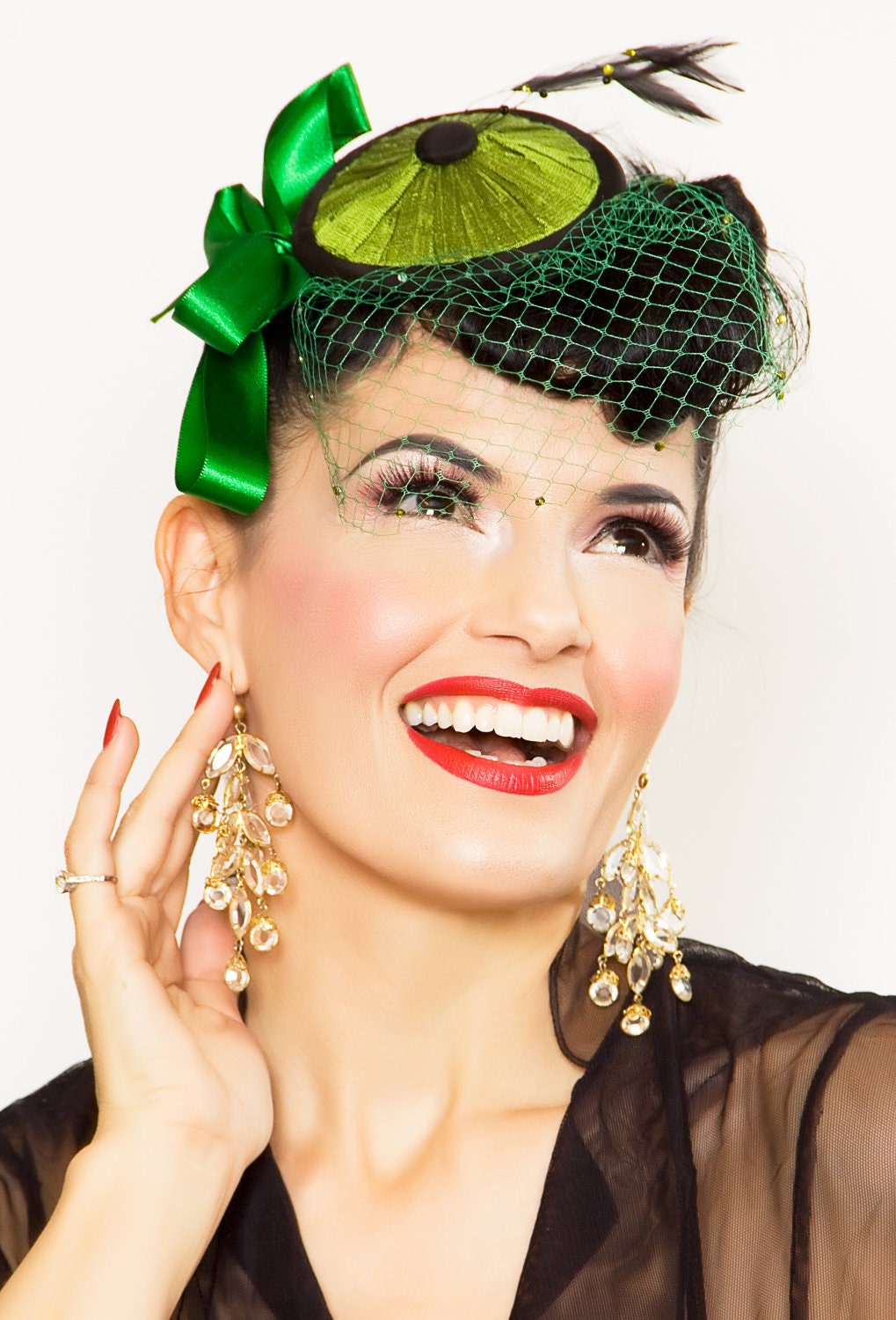 Green Silk Fascinator Hat with veil feathers