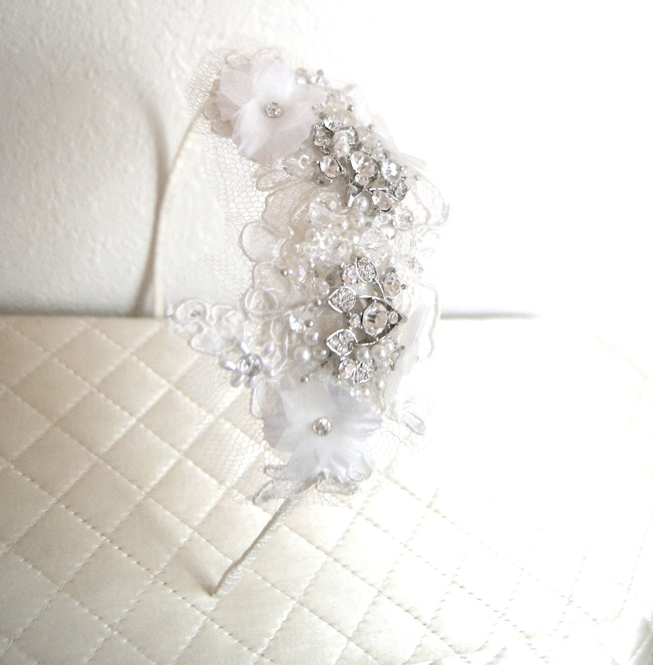 Bridal Crystal Headband with Vintage Alencon Lace Ivory  CHANDELLES