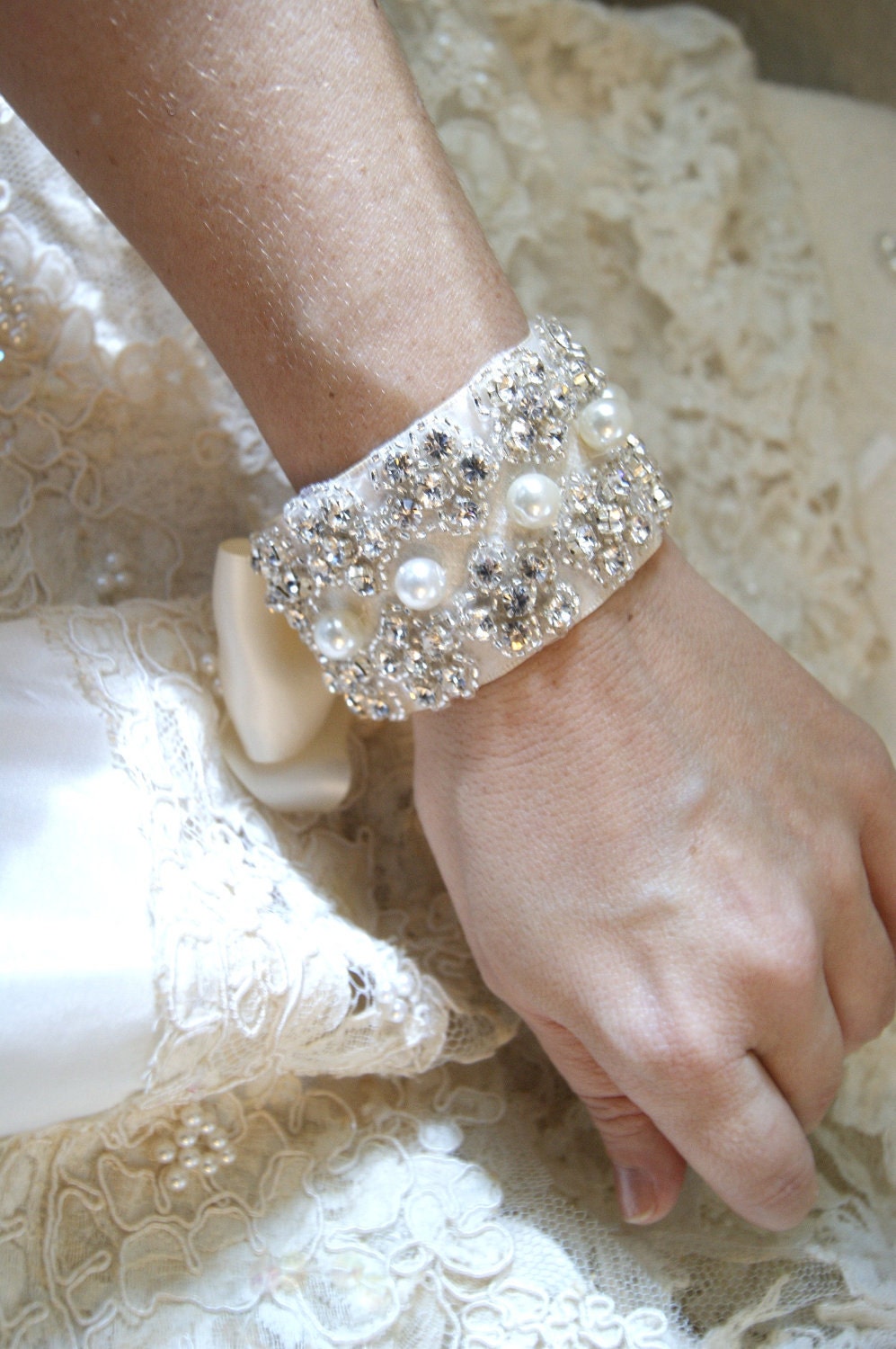Crystal Bridal Cuff with Pearls in Ivory CRYSTALINE