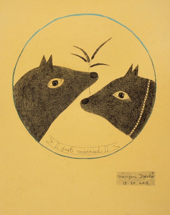 Valentine's Day - Dogs ORIGINAL pencil drawing - Just Married