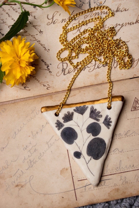 Plants and Golden Geometric Contemporary Clay Necklace Pendant - FREE SHIPPING