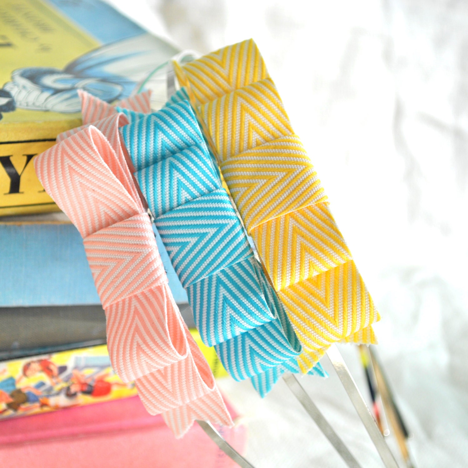 Chevron Bow Headband - Pink or Yellow - Choose your color
