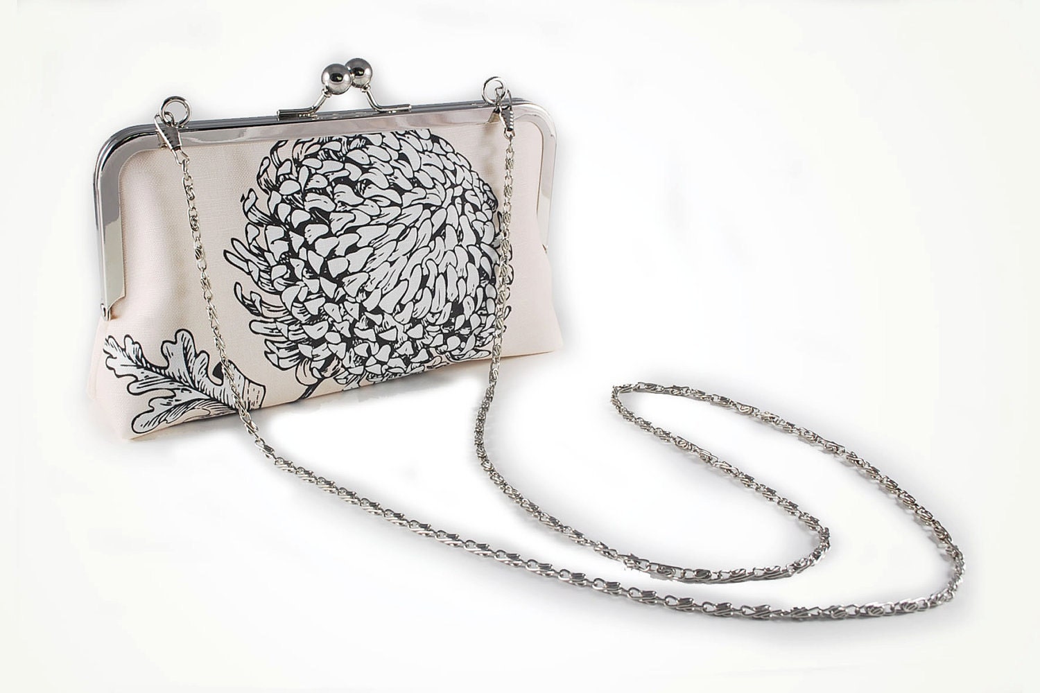 Vintage pink chrysanthemum clutch with 8 inch frame and chain