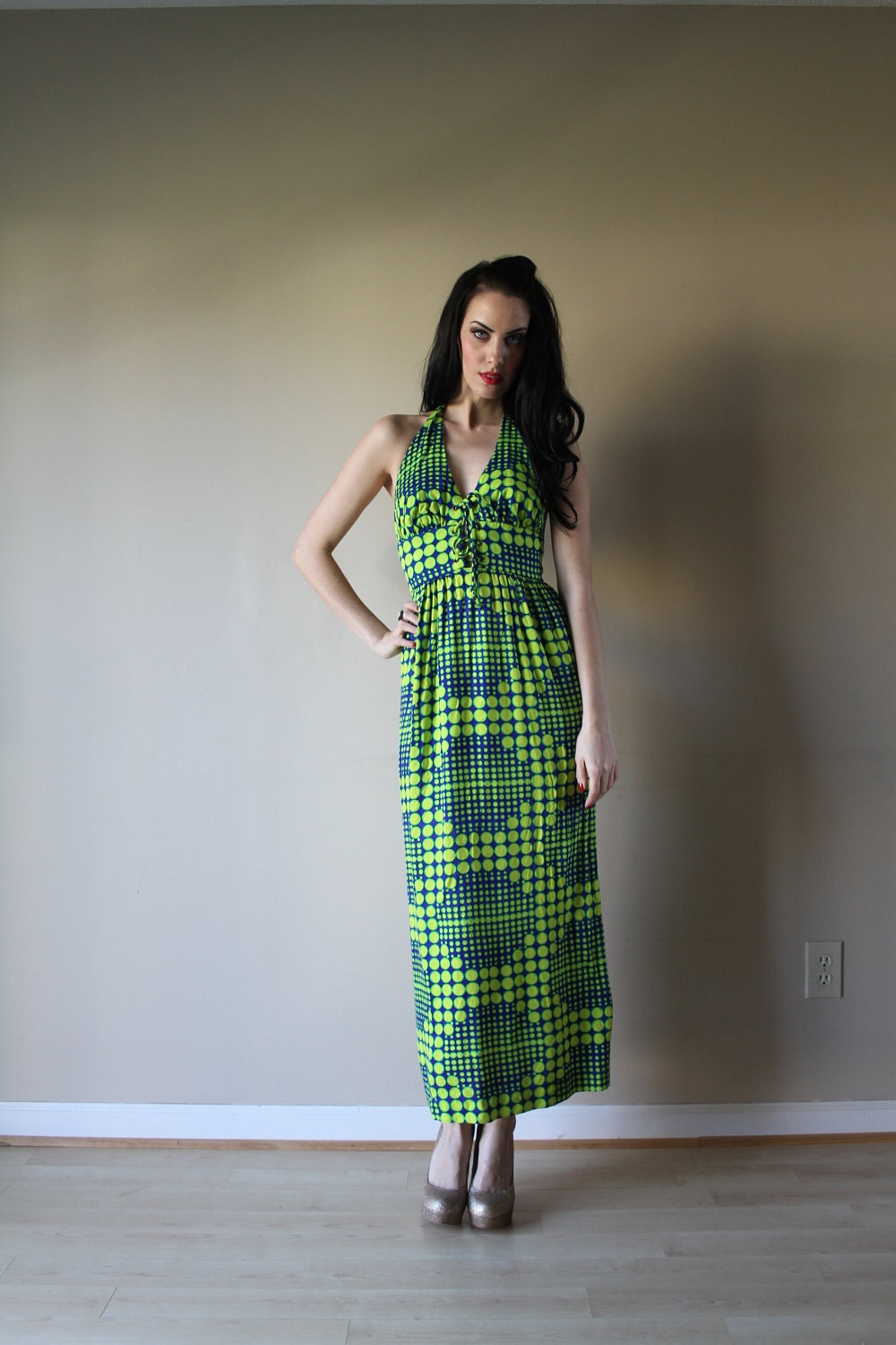 60s 70s Halter Maxi Dress Corset Bust Lace Up Cut Out Open Back Disco Fever Studio 54 Roller Girl Size Small sm (0-2-4)