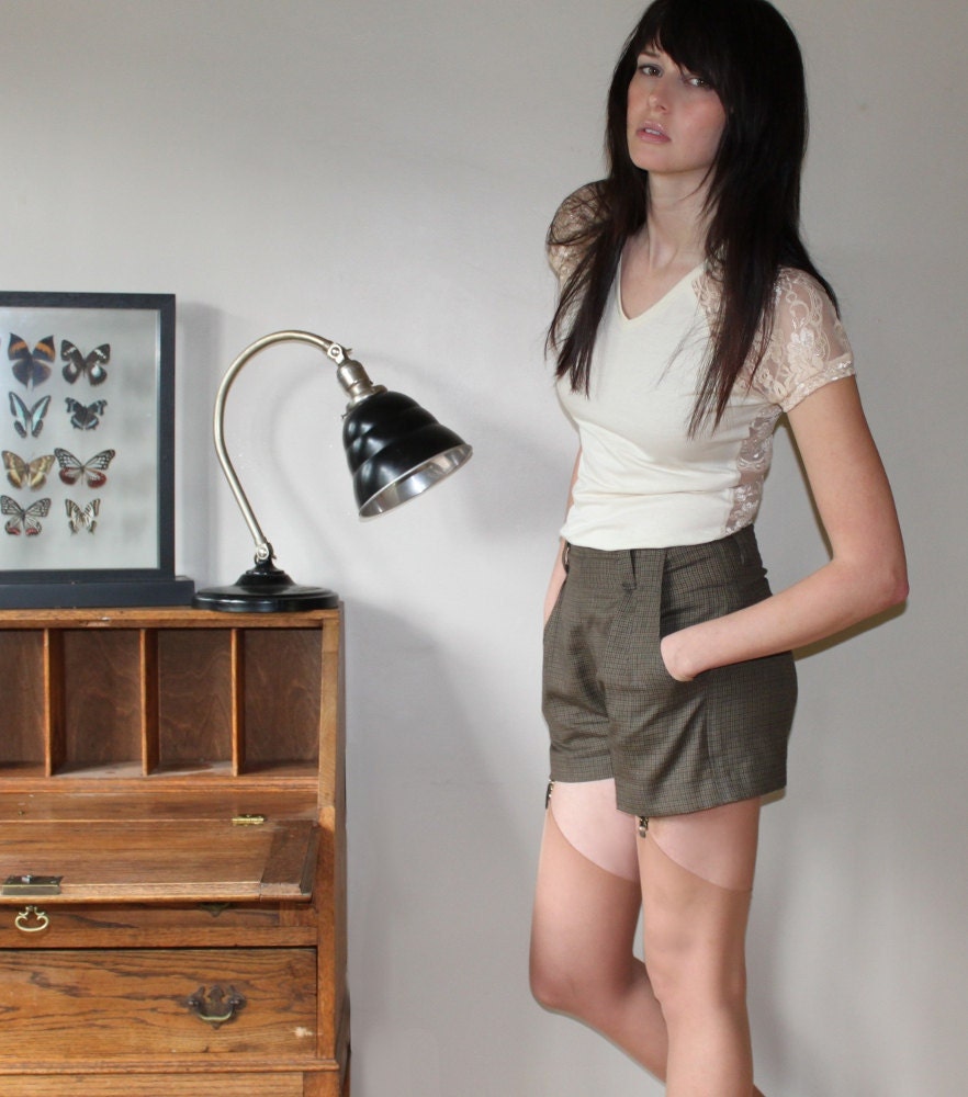 Preppy high waist shorts - olive brown tweed wool, nerdy vintage style fashion - medium