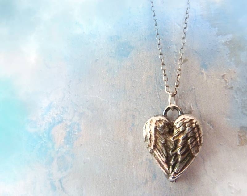 Angel Wings Heart Necklace. Fine Silver Handmade Pendant. Mothers Day Jewelry. Artisan Jewelry