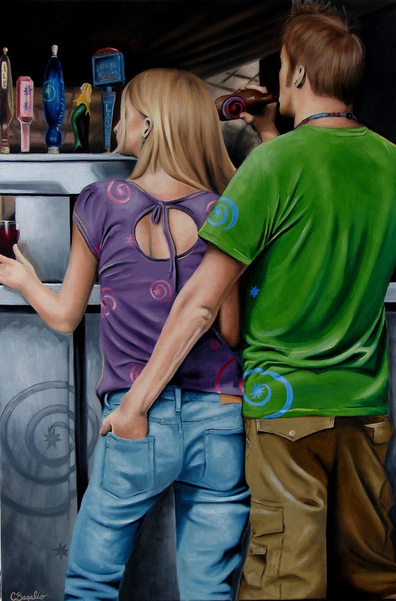 Bar Couple drinking bar scence print oil painting reproduction 8X10