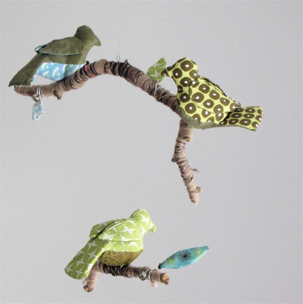 Custom 3 little birds told me - handmade fabric mobile on yarn wrapped branches