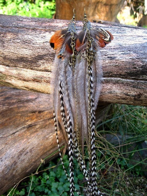 Extra Long Feather Earrings with Brass sparrow details One of a Kind/FLIGHT oF the SWALLOWS EARRINGS / Made to Order/ 001